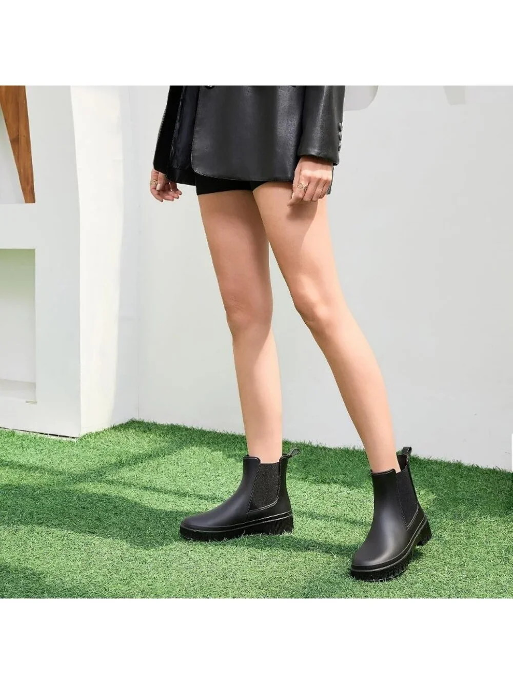 Women's Black Rubber Short Chelsea Waterproof Rain Boots For Ladies